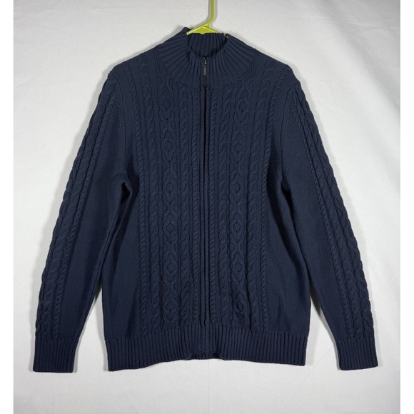 LL Bean Cable Knit Sweater Cardigan Womens XL Navy Full Zip Fisherman 298836 - Picture 1 of 7